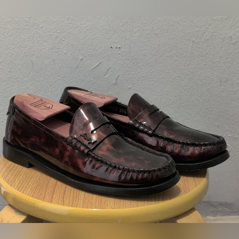 Saint Laurent Le Loafer Monogram Penny Slippers In Tortoise Shell Patent Leather